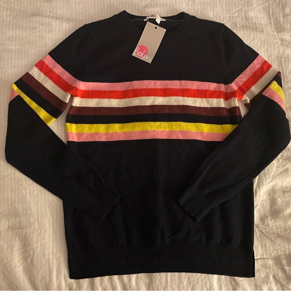 M: BODEN Pure Cashmere Crew Neck Sweater Navy Striped Retro Apres Skii NWT! - Picture 3 of 9